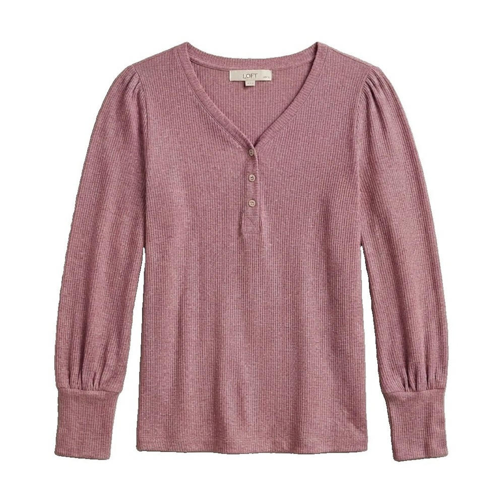LOFT Women’s Petite L Salmon Pink Stripe V Neck Button Pullover Sweater Preppy - Picture 2 of 9